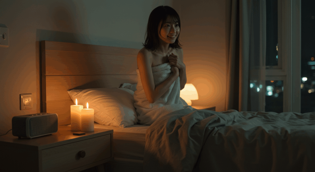 シャワーの後にベットルームに行くとお部屋が暗く心地よい音楽がながれ、アロマが焚いてあり、ここまでやってくれるのかと正直びっくりしました笑。